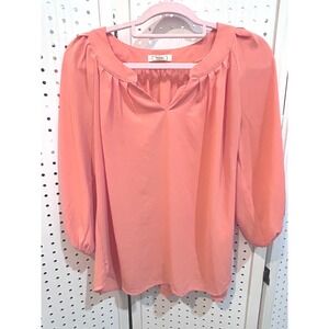 Ezra Coral Peach Flowy Dolman Sleeve‎ V Neck Blouse Top Size L